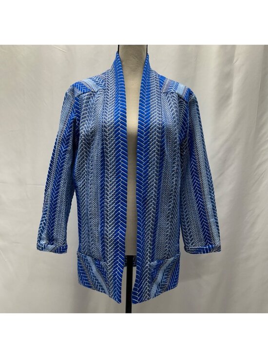 Betty Chow Jackets & Blazers - Betty Chow Womens Blue & White Chevron Pattern Open Front Jacket - Size S